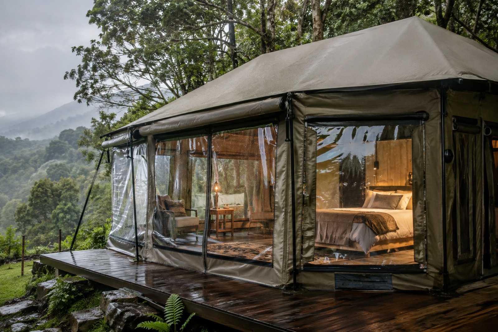 Glamping ve safari çadırında şeffaf PVC pencere