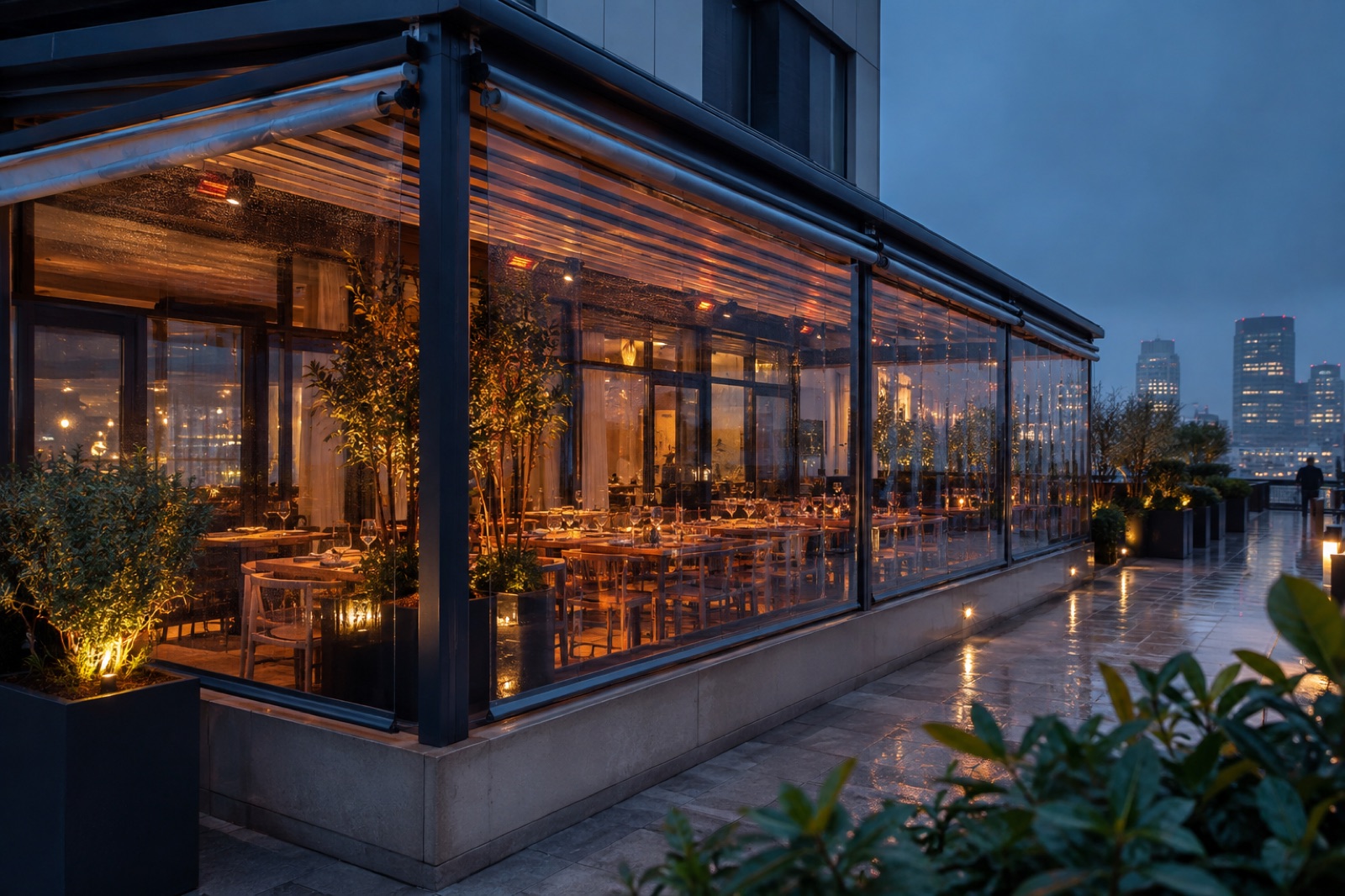 Kafe ve restoran terasında şeffaf branda kapama
