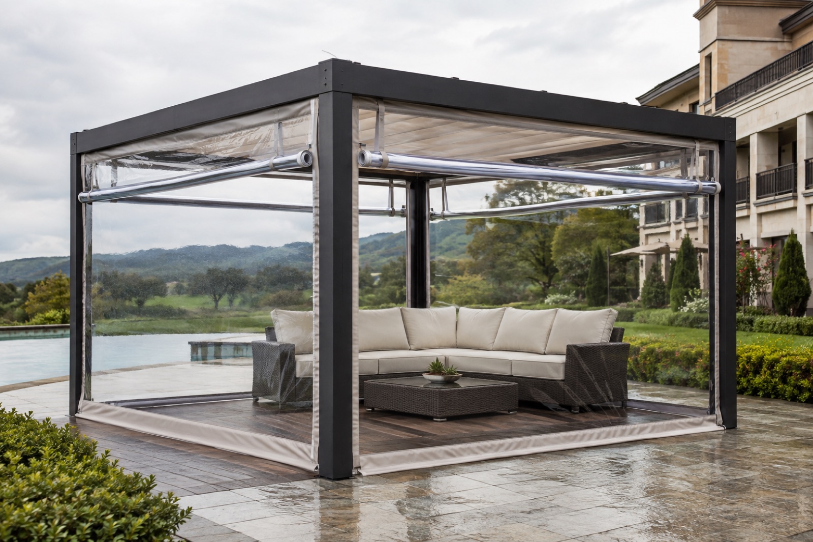 Tente ve pergola için şeffaf branda yan kapama